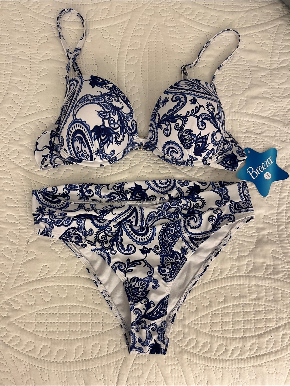 White & Navy Paisley Push-Up Bikini Set
